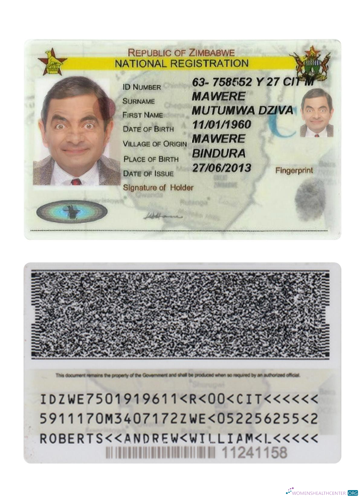 Download Zimbabwe national registration ID card Photoshop template